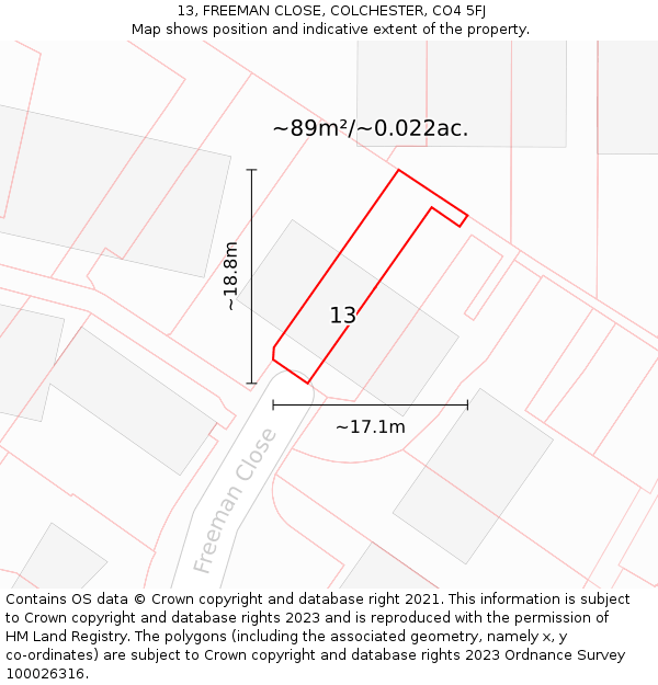 13, FREEMAN CLOSE, COLCHESTER, CO4 5FJ: Plot and title map
