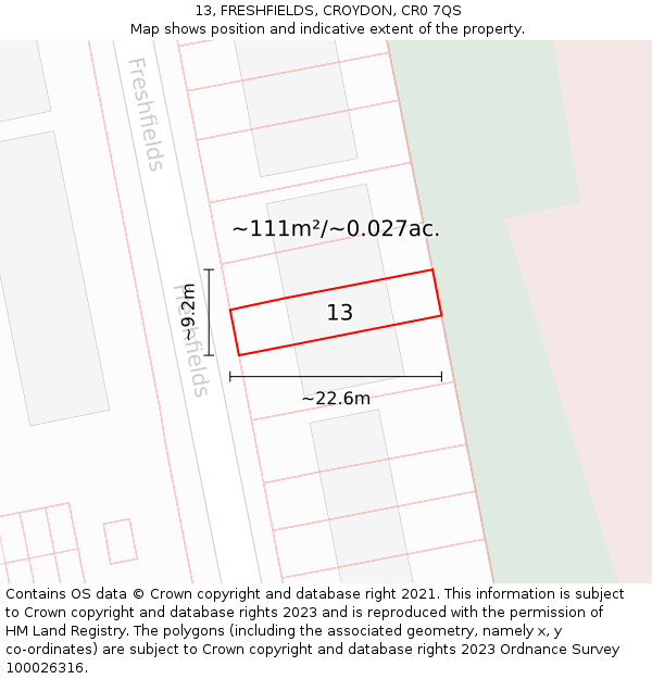 13, FRESHFIELDS, CROYDON, CR0 7QS: Plot and title map