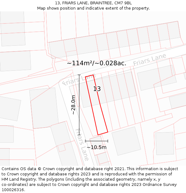 13, FRIARS LANE, BRAINTREE, CM7 9BL: Plot and title map