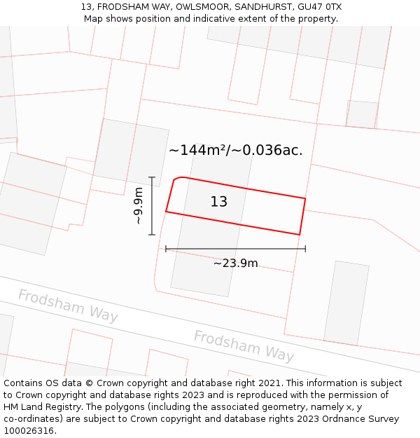 13, FRODSHAM WAY, OWLSMOOR, SANDHURST, GU47 0TX: Plot and title map