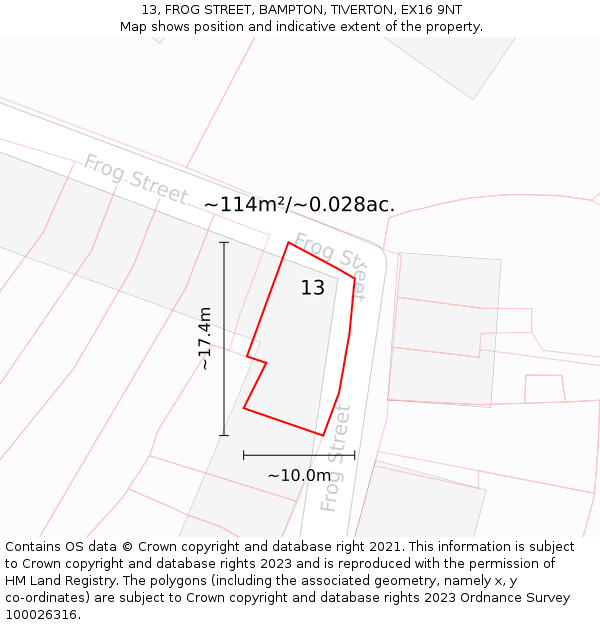 13, FROG STREET, BAMPTON, TIVERTON, EX16 9NT: Plot and title map