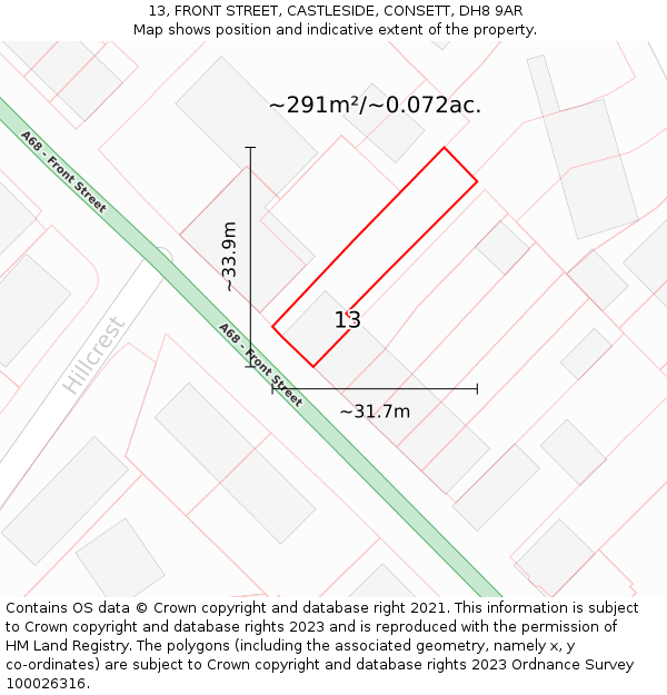 13, FRONT STREET, CASTLESIDE, CONSETT, DH8 9AR: Plot and title map