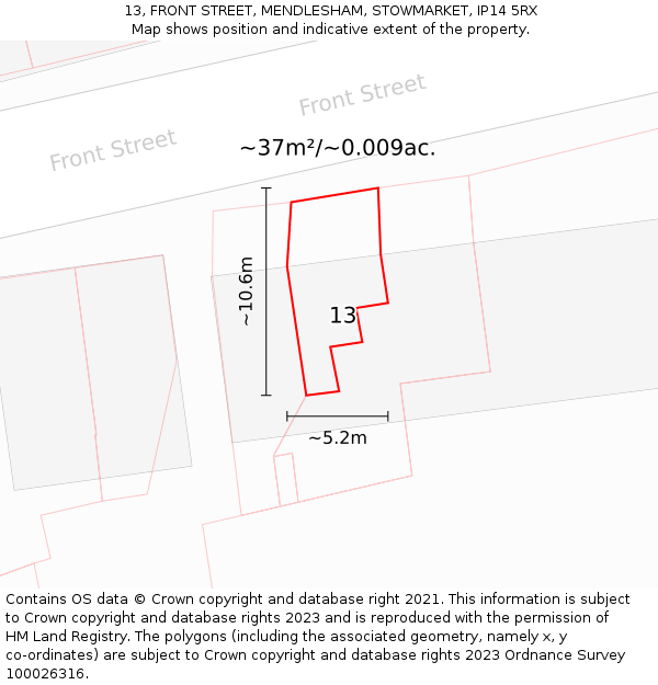 13, FRONT STREET, MENDLESHAM, STOWMARKET, IP14 5RX: Plot and title map