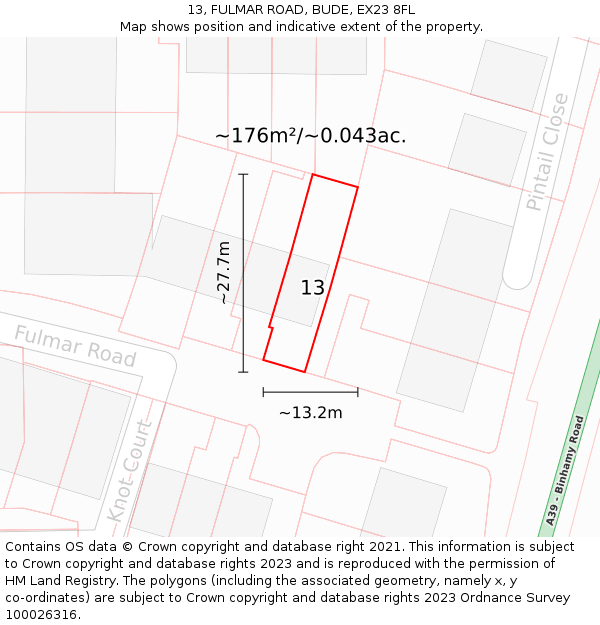 13, FULMAR ROAD, BUDE, EX23 8FL: Plot and title map