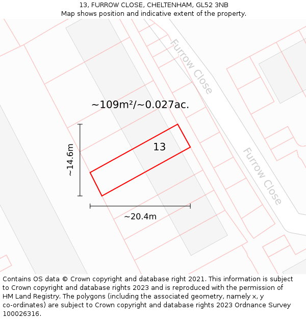 13, FURROW CLOSE, CHELTENHAM, GL52 3NB: Plot and title map
