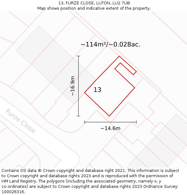 13, FURZE CLOSE, LUTON, LU2 7UB: Plot and title map