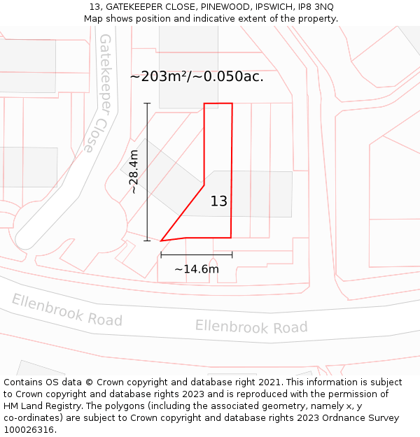 13, GATEKEEPER CLOSE, PINEWOOD, IPSWICH, IP8 3NQ: Plot and title map