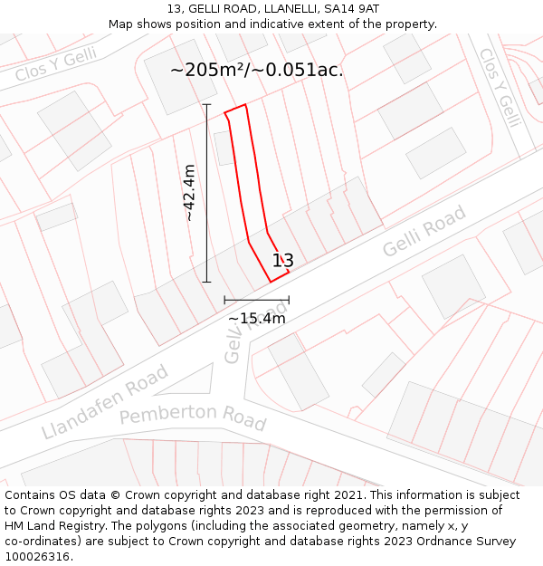 13, GELLI ROAD, LLANELLI, SA14 9AT: Plot and title map