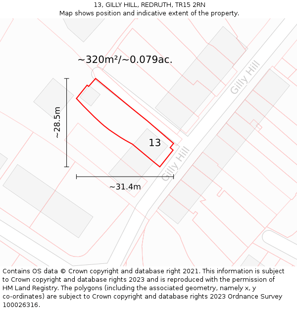 13, GILLY HILL, REDRUTH, TR15 2RN: Plot and title map