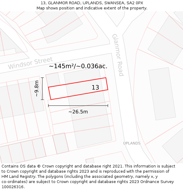 13, GLANMOR ROAD, UPLANDS, SWANSEA, SA2 0PX: Plot and title map
