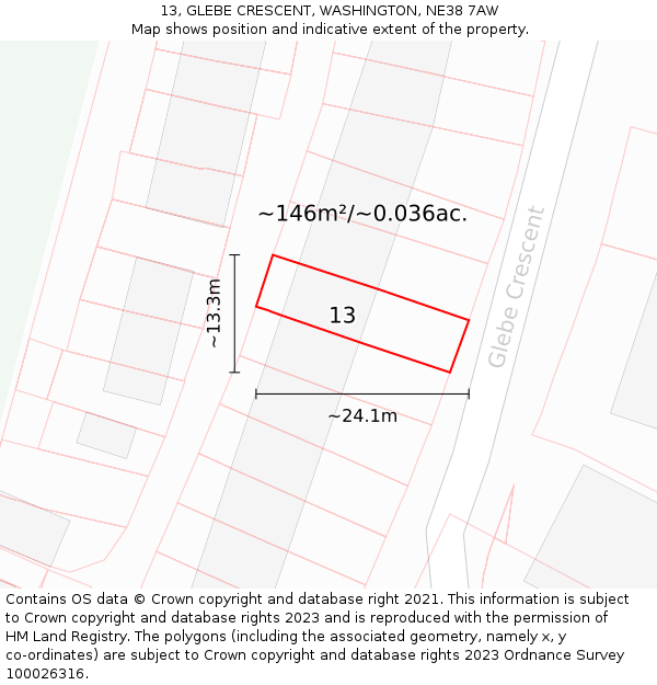 13, GLEBE CRESCENT, WASHINGTON, NE38 7AW: Plot and title map
