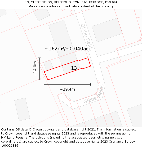13, GLEBE FIELDS, BELBROUGHTON, STOURBRIDGE, DY9 9TA: Plot and title map