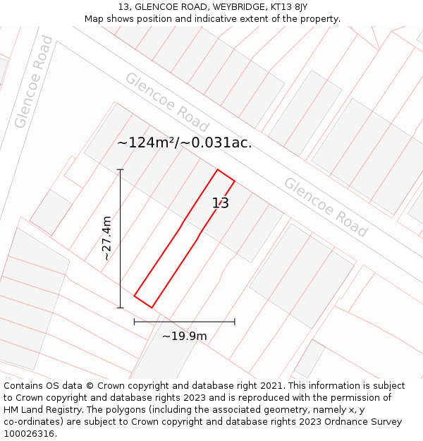13, GLENCOE ROAD, WEYBRIDGE, KT13 8JY: Plot and title map
