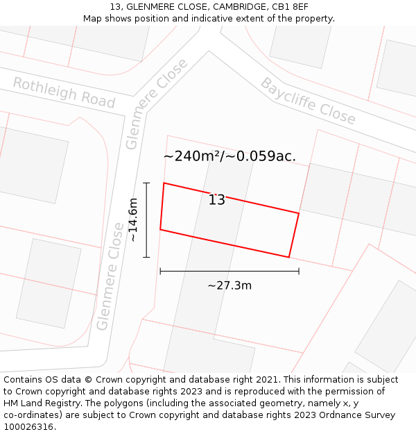13, GLENMERE CLOSE, CAMBRIDGE, CB1 8EF: Plot and title map