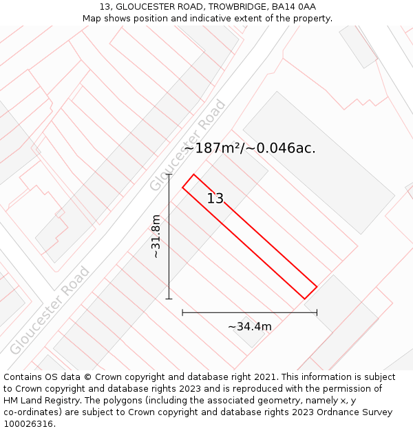 13, GLOUCESTER ROAD, TROWBRIDGE, BA14 0AA: Plot and title map
