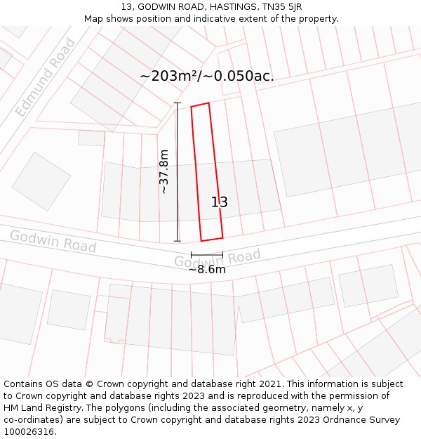 13, GODWIN ROAD, HASTINGS, TN35 5JR: Plot and title map