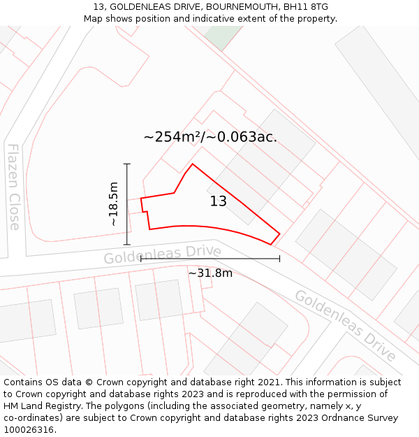 13, GOLDENLEAS DRIVE, BOURNEMOUTH, BH11 8TG: Plot and title map