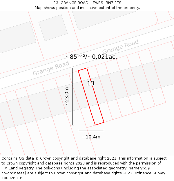 13, GRANGE ROAD, LEWES, BN7 1TS: Plot and title map