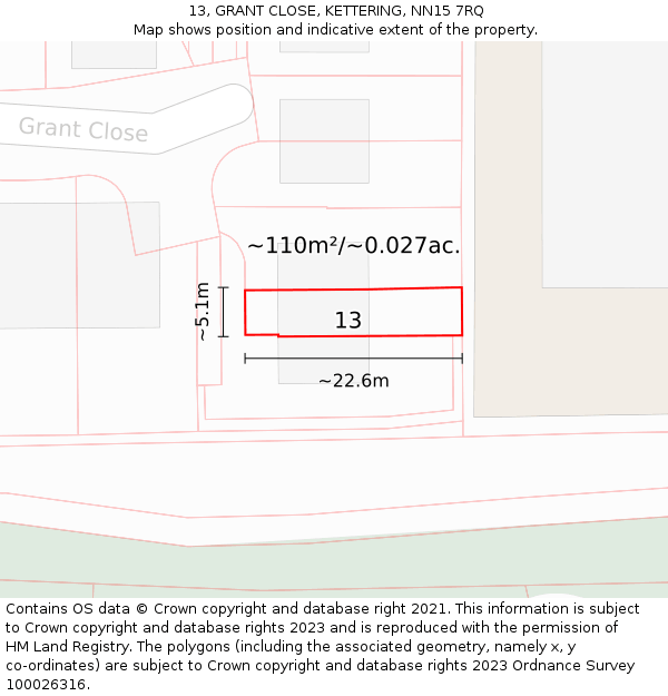 13, GRANT CLOSE, KETTERING, NN15 7RQ: Plot and title map
