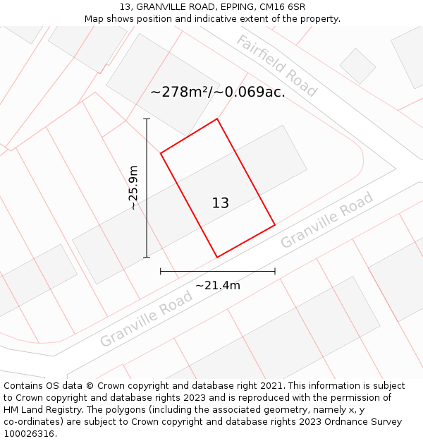 13, GRANVILLE ROAD, EPPING, CM16 6SR: Plot and title map