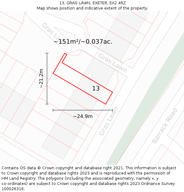13, GRAS LAWN, EXETER, EX2 4RZ: Plot and title map