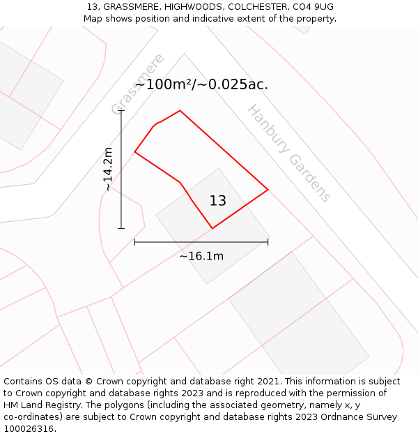 13, GRASSMERE, HIGHWOODS, COLCHESTER, CO4 9UG: Plot and title map