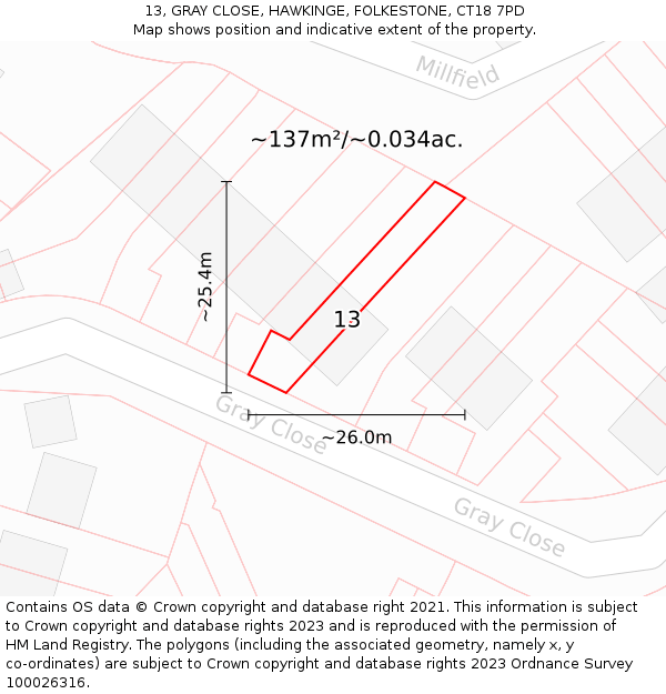 13, GRAY CLOSE, HAWKINGE, FOLKESTONE, CT18 7PD: Plot and title map