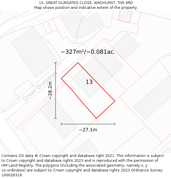 13, GREAT DURGATES CLOSE, WADHURST, TN5 6RD: Plot and title map