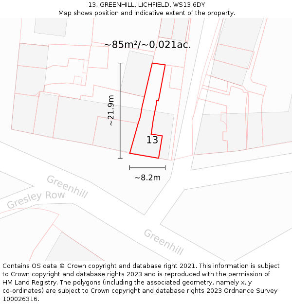13, GREENHILL, LICHFIELD, WS13 6DY: Plot and title map