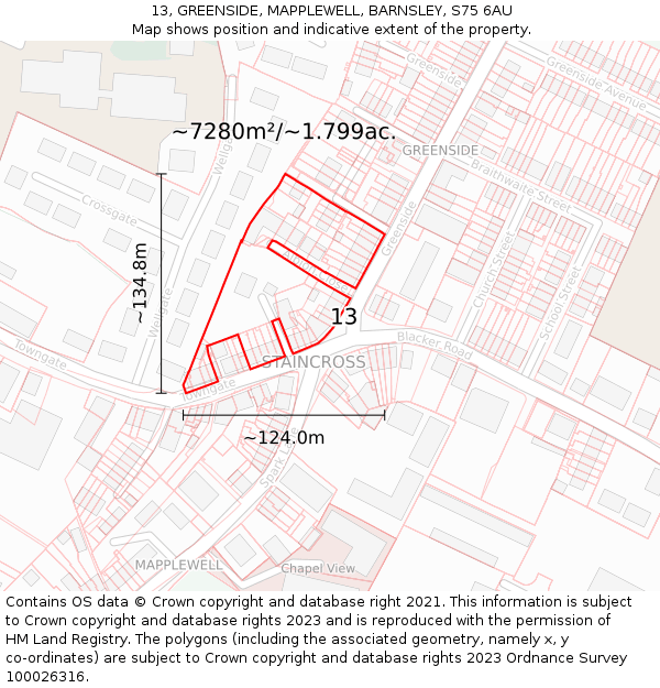 13, GREENSIDE, MAPPLEWELL, BARNSLEY, S75 6AU: Plot and title map