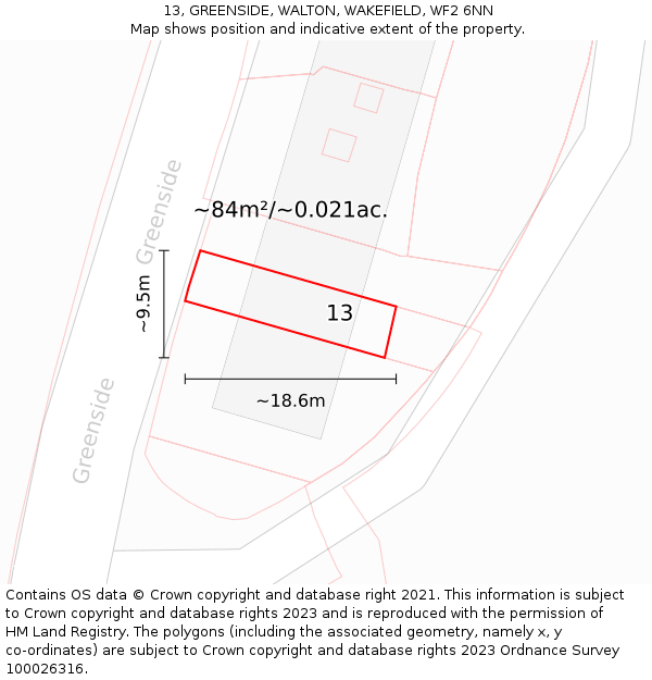 13, GREENSIDE, WALTON, WAKEFIELD, WF2 6NN: Plot and title map