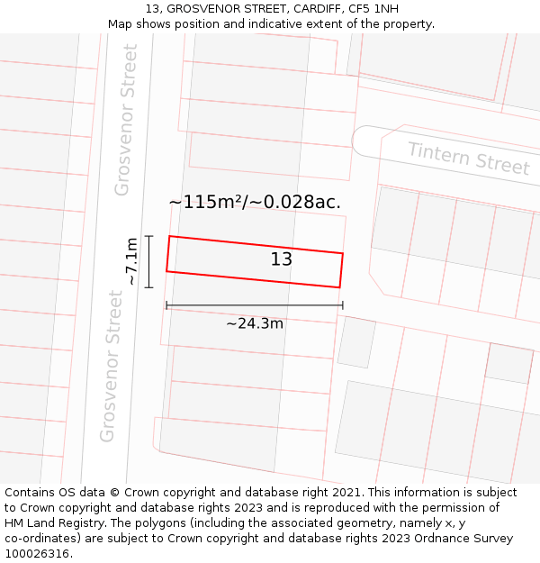 13, GROSVENOR STREET, CARDIFF, CF5 1NH: Plot and title map