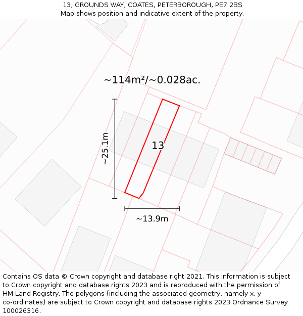 13, GROUNDS WAY, COATES, PETERBOROUGH, PE7 2BS: Plot and title map