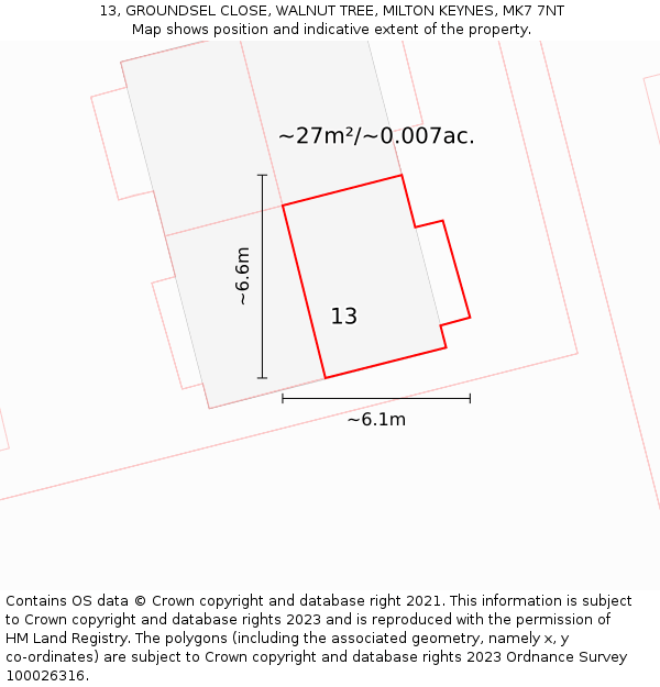 13, GROUNDSEL CLOSE, WALNUT TREE, MILTON KEYNES, MK7 7NT: Plot and title map