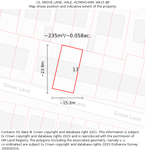 13, GROVE LANE, HALE, ALTRINCHAM, WA15 8JF: Plot and title map