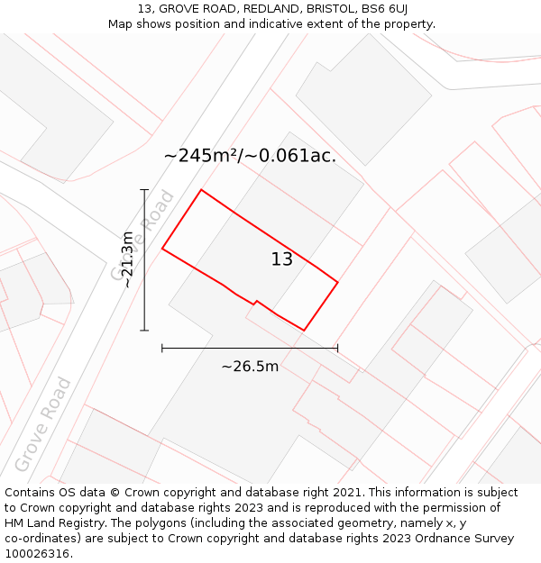 13, GROVE ROAD, REDLAND, BRISTOL, BS6 6UJ: Plot and title map