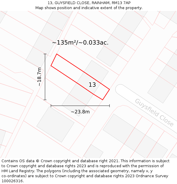 13, GUYSFIELD CLOSE, RAINHAM, RM13 7AP: Plot and title map