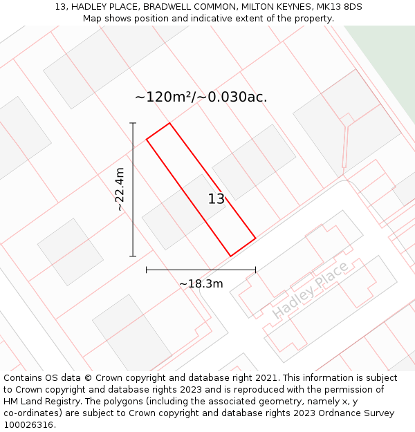 13, HADLEY PLACE, BRADWELL COMMON, MILTON KEYNES, MK13 8DS: Plot and title map