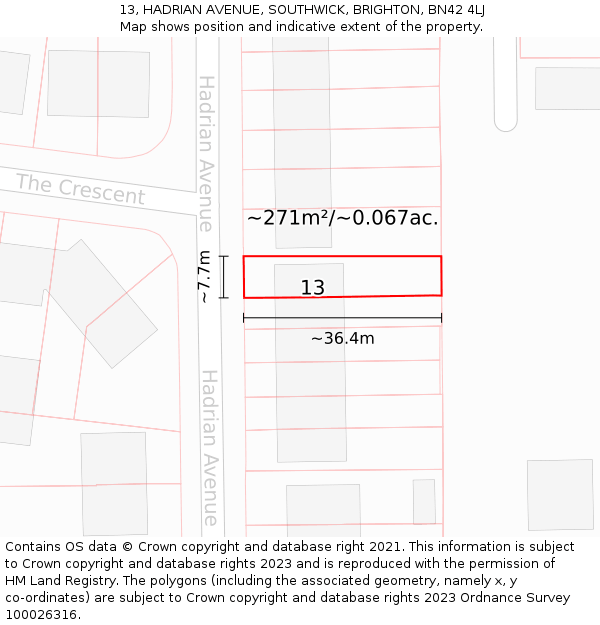 13, HADRIAN AVENUE, SOUTHWICK, BRIGHTON, BN42 4LJ: Plot and title map