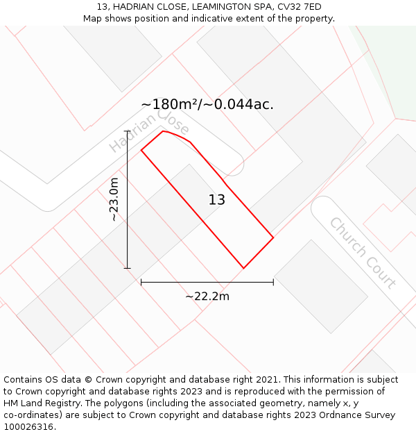 13, HADRIAN CLOSE, LEAMINGTON SPA, CV32 7ED: Plot and title map