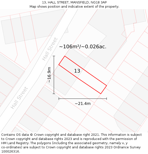 13, HALL STREET, MANSFIELD, NG18 3AP: Plot and title map
