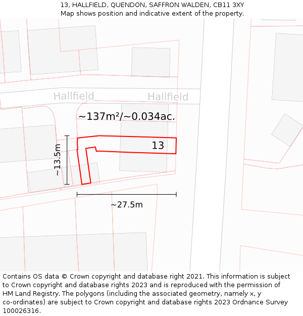 13, HALLFIELD, QUENDON, SAFFRON WALDEN, CB11 3XY: Plot and title map