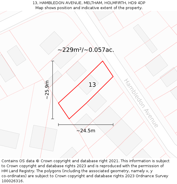 13, HAMBLEDON AVENUE, MELTHAM, HOLMFIRTH, HD9 4DP: Plot and title map