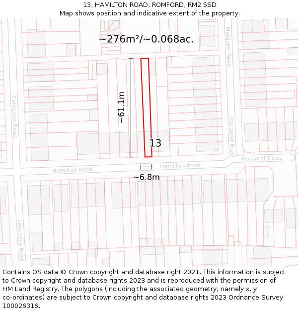 13, HAMILTON ROAD, ROMFORD, RM2 5SD: Plot and title map