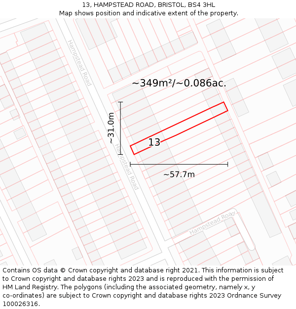 13, HAMPSTEAD ROAD, BRISTOL, BS4 3HL: Plot and title map