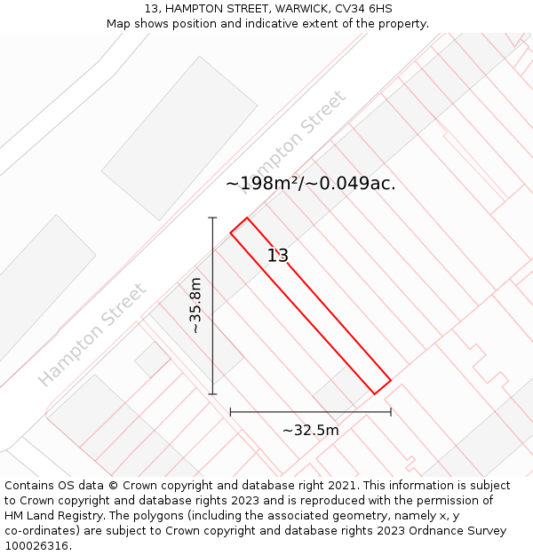 13, HAMPTON STREET, WARWICK, CV34 6HS: Plot and title map