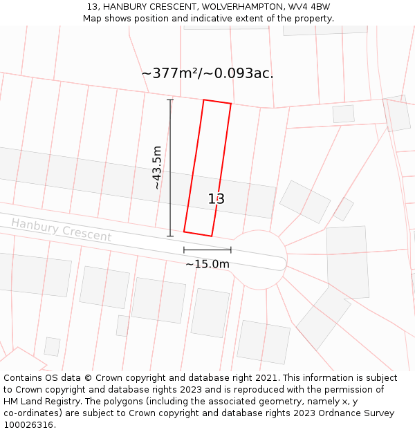 13, HANBURY CRESCENT, WOLVERHAMPTON, WV4 4BW: Plot and title map