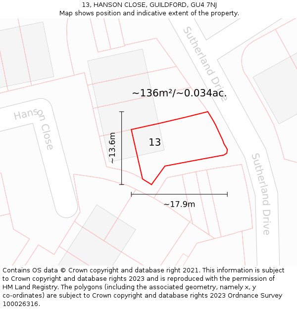 13, HANSON CLOSE, GUILDFORD, GU4 7NJ: Plot and title map
