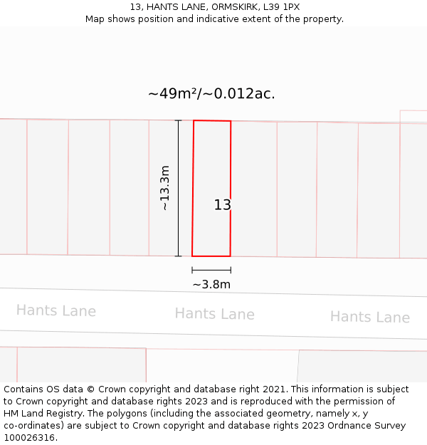 13, HANTS LANE, ORMSKIRK, L39 1PX: Plot and title map