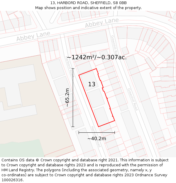 13, HARBORD ROAD, SHEFFIELD, S8 0BB: Plot and title map